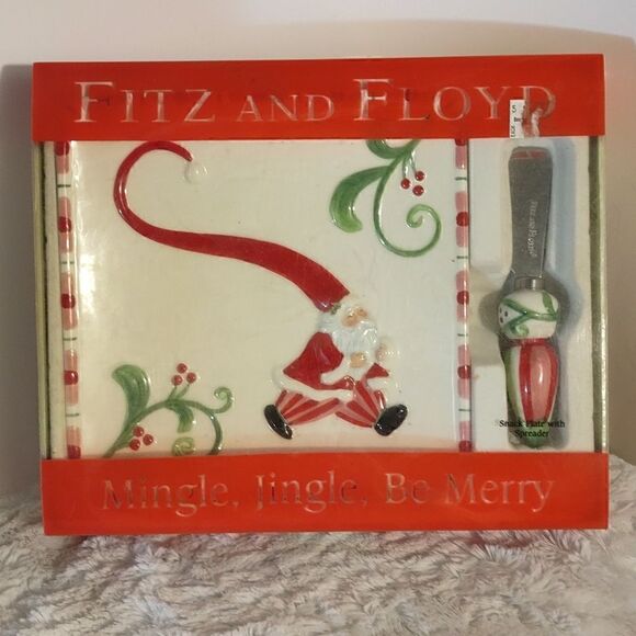 Fitz & Floyd "Mingle, Jingle, Be Merry" Ceramic Christmas Snack Plate & Spreader - Picture 1 of 6